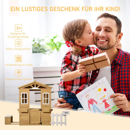 Kinder-Holzspielhaus Outdoor-Spielhaus mit Tür, Fenster und Blumenkasten-Briefkastenbank für Kinder von 3-6 Jahren