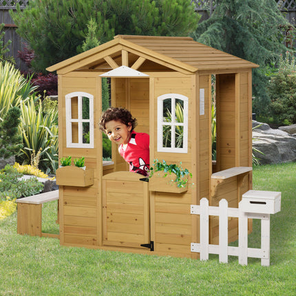 Kinder-Holzspielhaus Outdoor-Spielhaus mit Tür, Fenster und Blumenkasten-Briefkastenbank für Kinder von 3-6 Jahren