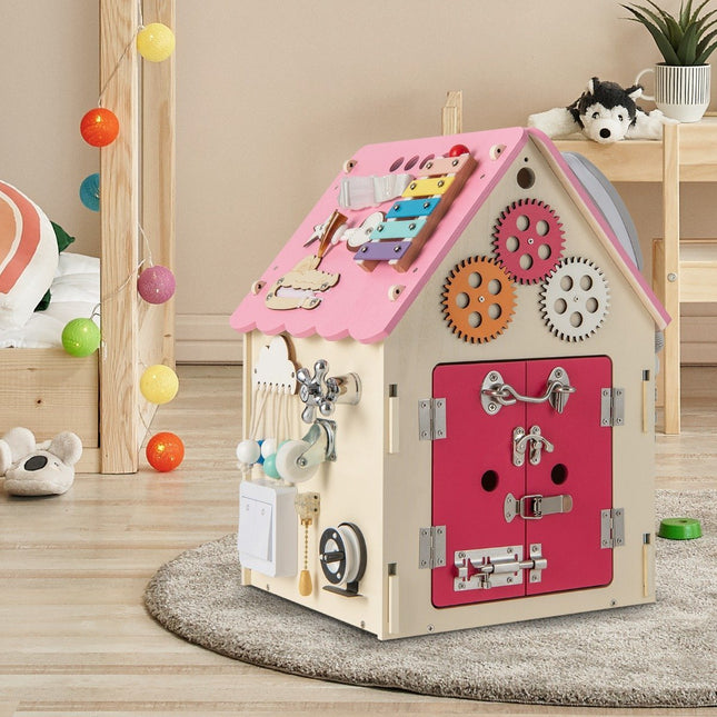 Kinderspielhaus aus Holz mit sensorischen Spielen und Stauraum für Kinder ab 3 Jahren. Rosa