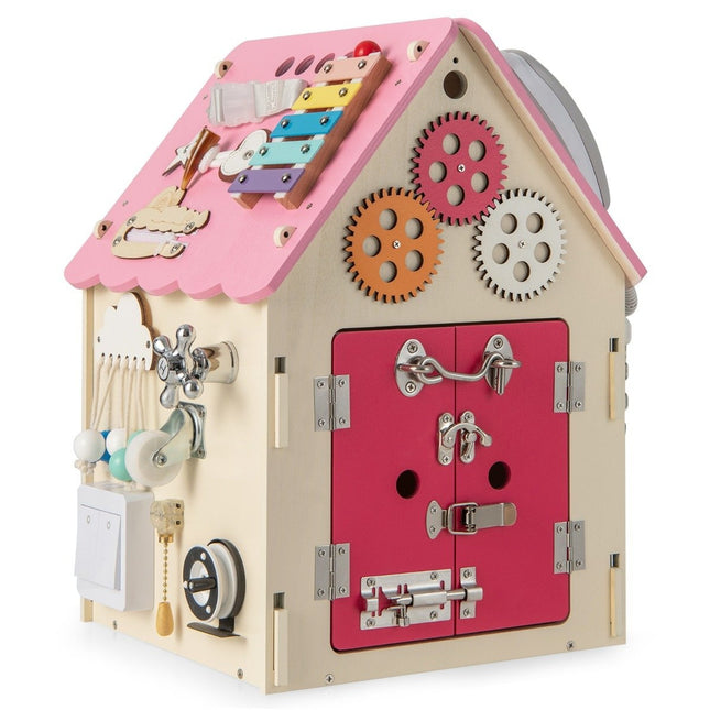 Kinderspielhaus aus Holz mit sensorischen Spielen und Stauraum für Kinder ab 3 Jahren. Rosa