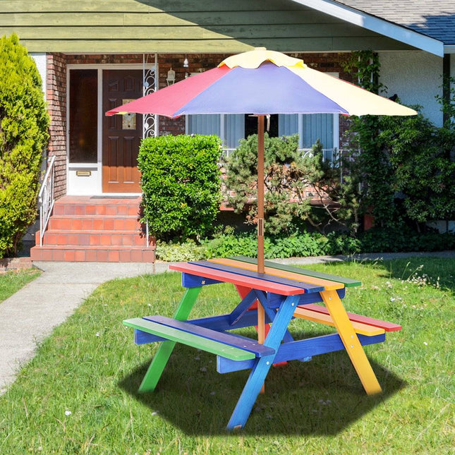 Kindersitzgruppe aus Holz, Gartengarnitur, Kindermöbel, Kindertisch mit Sonnenschirm und 2 Bänken für den Außenbereich