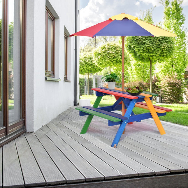 Kindersitzgruppe aus Holz, Gartengarnitur, Kindermöbel, Kindertisch mit Sonnenschirm und 2 Bänken für den Außenbereich