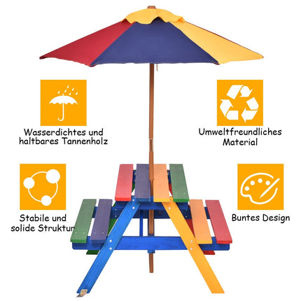 Kindersitzgruppe aus Holz, Gartengarnitur, Kindermöbel, Kindertisch mit Sonnenschirm und 2 Bänken für den Außenbereich