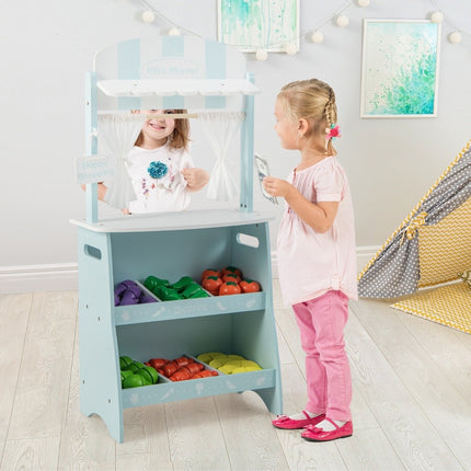 Children's wooden shop with sun roof & storage compartments & advertising sign & vegetables blue