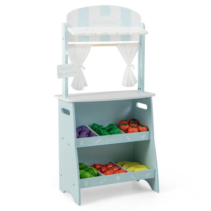 Children's wooden shop with sun roof & storage compartments & advertising sign & vegetables blue