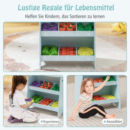 Children's wooden shop with sun roof & storage compartments & advertising sign & vegetables blue