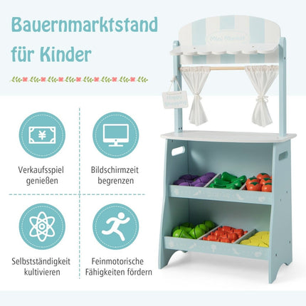 Children's wooden shop with sun roof & storage compartments & advertising sign & vegetables blue
