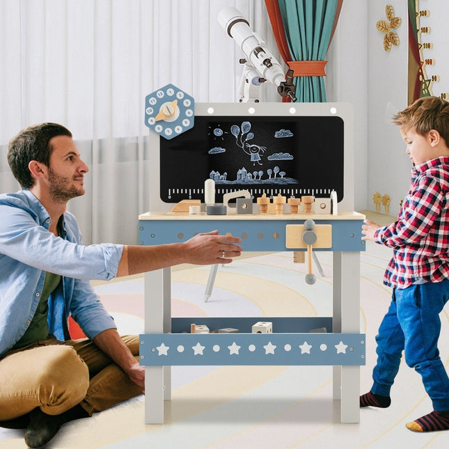 Kinder-Werkbank aus Holz mit Tafel &amp; Uhr &amp; 61 Zubehörteilen für Kinder ab 3 Jahren blau