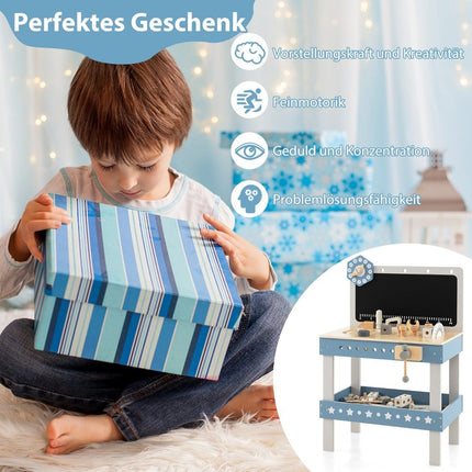 Dětský dřevěný ponk s tabulí, hodinami a 61 doplňky pro děti od 3 let, modrý