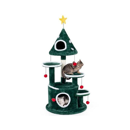 Christmas Cat Tree 50 Inch with 2 Condos and Sisal Post, Green, Star Spring Toy