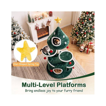 Christmas Cat Tree 50 Inch with 2 Condos and Sisal Post, Green, Star Spring Toy