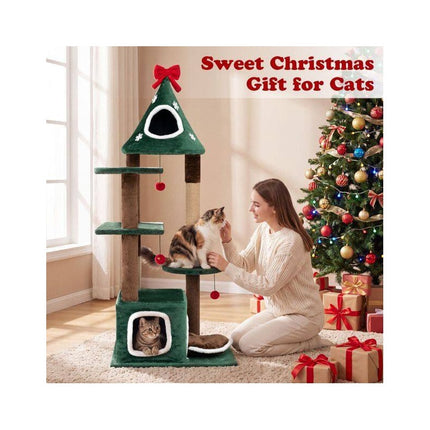 Christmas Cat Tree 54 Inch with 2 Condos and Jute Post, Removable Cushion, Green