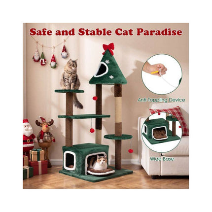 Christmas Cat Tree 54 Inch with 2 Condos and Jute Post, Removable Cushion, Green