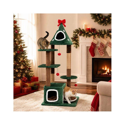 Christmas Cat Tree 54 Inch with 2 Condos and Jute Post, Removable Cushion, Green