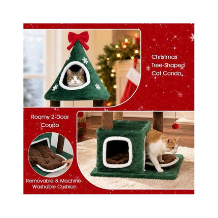 Christmas Cat Tree 54 Inch with 2 Condos and Jute Post, Removable Cushion, Green