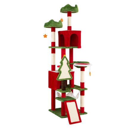 Christmas Cat Tree 75 Inch with 2 Large Condos and Hammock, Red/Green