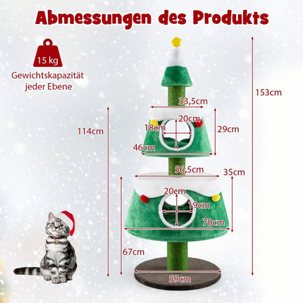Weihnachts-Katzenbaum mit 2 Höhlen, Sisalstämmen, Plüschtieren