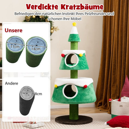 Weihnachts-Katzenbaum mit 2 Höhlen, Sisalstämmen, Plüschtieren