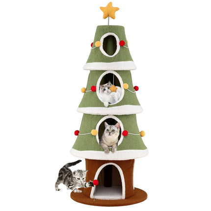Christmas Cat Tree with 4 Cozy Caves & Sisal Carpet