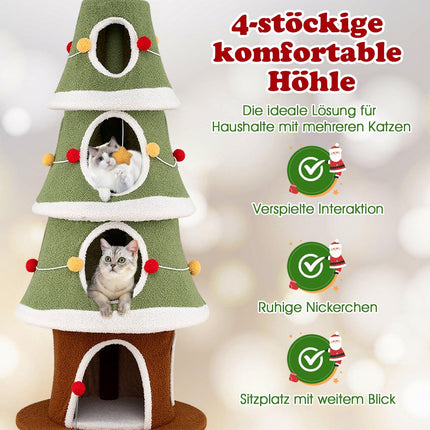 Christmas Cat Tree with 4 Cozy Caves & Sisal Carpet