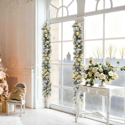 Christmas Garland with 50 LED Lights and 216 Snowy Tips, Timer, Green, White