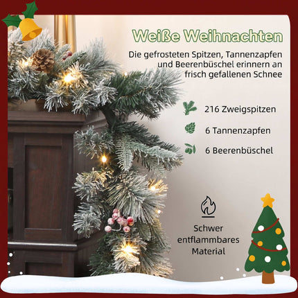 Christmas Garland with 50 LED Lights and 216 Snowy Tips, Timer, Green, White