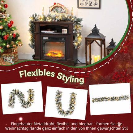 Christmas Garland with 50 LED Lights and 216 Snowy Tips, Timer, Green, White