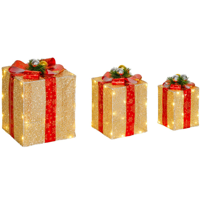 Weihnachtsgeschenkboxen-Lichterset, 3-teilig, 58 LEDs, Gold