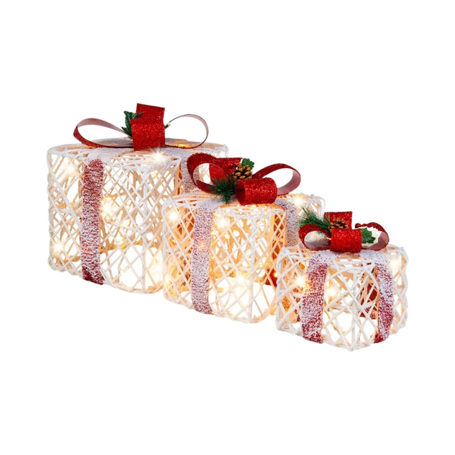Weihnachtsgeschenkboxen 3er Set Beleuchtete Geschenkboxen mit Schleifen LED-Leuchten 6H Timer