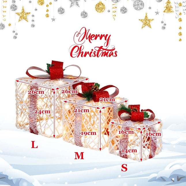 Weihnachtsgeschenkboxen 3er Set Beleuchtete Geschenkboxen mit Schleifen LED-Leuchten 6H Timer
