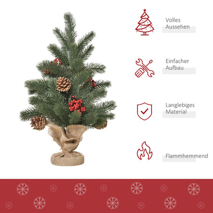 Umělý vánoční stromek, 50cm, červené bobule a šišky