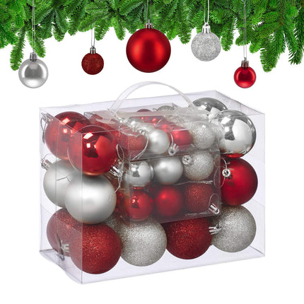 Christmas Tree Baubles Set, Red & Silver, Various Finishes