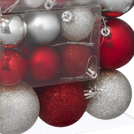 Christmas Tree Baubles Set, Red & Silver, Various Finishes