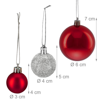 Christmas Tree Baubles Set, Red & Silver, Various Finishes
