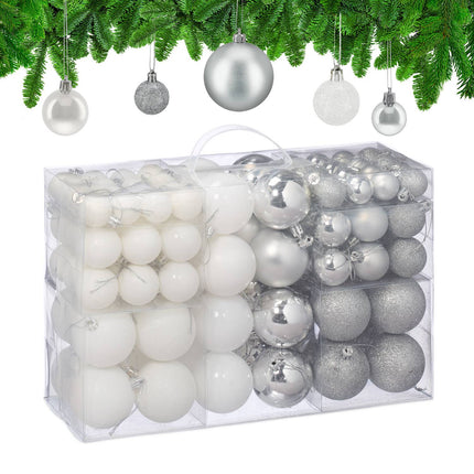 Christmas Tree Baubles Set, Silver & White, Various Finishes