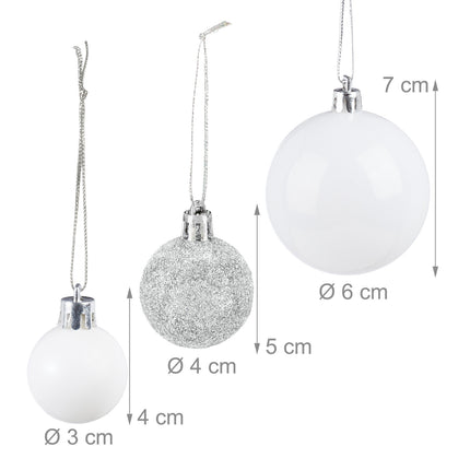 Christmas Tree Baubles Set, Silver & White, Various Finishes