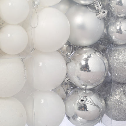 Christmas Tree Baubles Set, Silver & White, Various Finishes