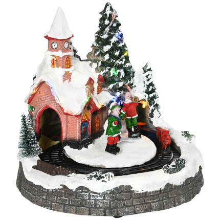 Kerstdorp Kerststad met LED-verlichting, 1 kerk, 5 kerstbomen, 1 plein, 2 muzikanten, 1 commandant en 1 rijdende trein Winterlandschap voor Kerstmis