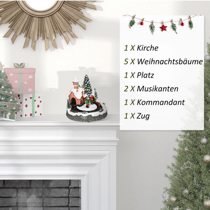 Kerstdorp Kerststad met LED-verlichting, 1 kerk, 5 kerstbomen, 1 plein, 2 muzikanten, 1 commandant en 1 rijdende trein Winterlandschap voor Kerstmis