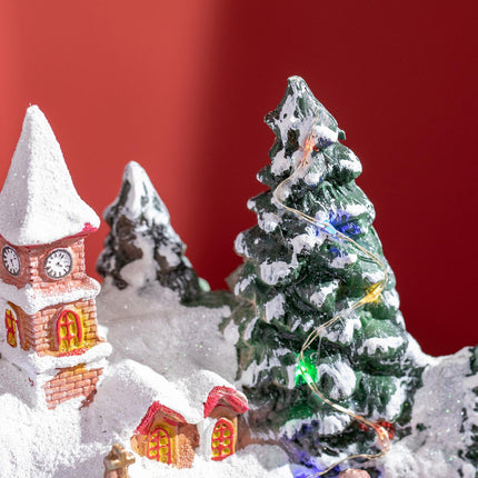 Kerstdorp Kerststad met LED-verlichting, 1 kerk, 5 kerstbomen, 1 plein, 2 muzikanten, 1 commandant en 1 rijdende trein Winterlandschap voor Kerstmis