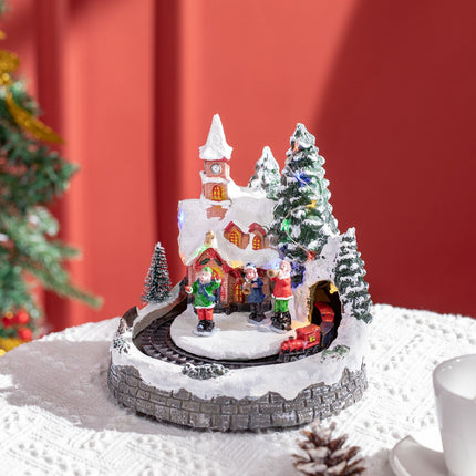 Kerstdorp Kerststad met LED-verlichting, 1 kerk, 5 kerstbomen, 1 plein, 2 muzikanten, 1 commandant en 1 rijdende trein Winterlandschap voor Kerstmis