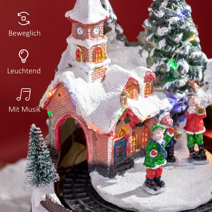 Kerstdorp Kerststad met LED-verlichting, 1 kerk, 5 kerstbomen, 1 plein, 2 muzikanten, 1 commandant en 1 rijdende trein Winterlandschap voor Kerstmis