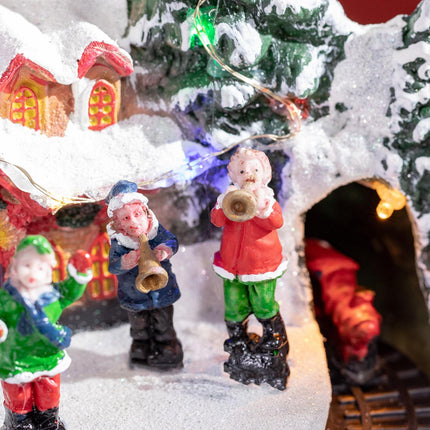Kerstdorp Kerststad met LED-verlichting, 1 kerk, 5 kerstbomen, 1 plein, 2 muzikanten, 1 commandant en 1 rijdende trein Winterlandschap voor Kerstmis