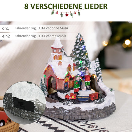 Kerstdorp Kerststad met LED-verlichting, 1 kerk, 5 kerstbomen, 1 plein, 2 muzikanten, 1 commandant en 1 rijdende trein Winterlandschap voor Kerstmis