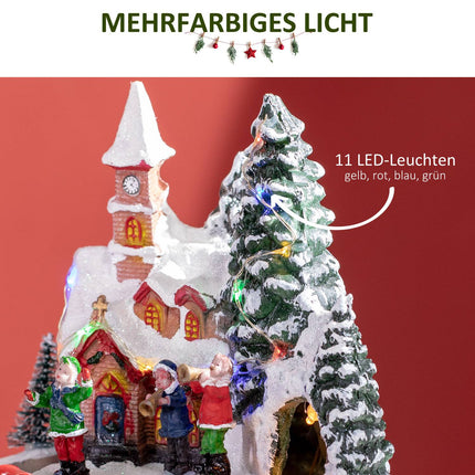 Kerstdorp Kerststad met LED-verlichting, 1 kerk, 5 kerstbomen, 1 plein, 2 muzikanten, 1 commandant en 1 rijdende trein Winterlandschap voor Kerstmis