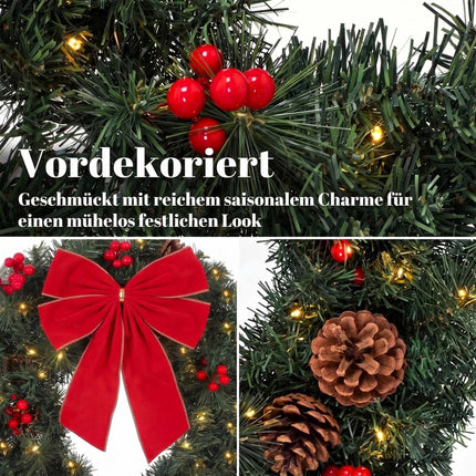 Christmas Wreath 60 cm with 50 Warm White LEDs and Bow, 8 Light Modes, 140 Tips