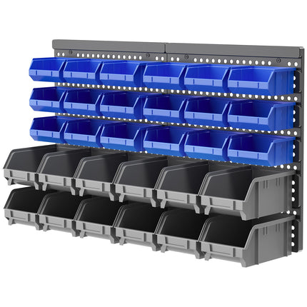 Étagère à goulotte, 63 x 18 x 37,5 cm, 30 boîtes en 2 tailles, avec 2 plaques perforées, suffisamment d'espace, pour atelier de garage, plastique, bleu