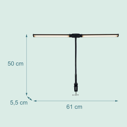 Klemmbare LED-Schreibtischlampe, 61cm Doppelköpfe, USB dimmbar