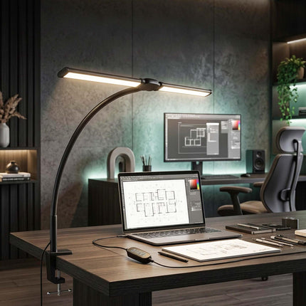 Klemmbare LED-Schreibtischlampe, 61cm Doppelköpfe, USB dimmbar