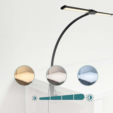 Klemmbare LED-Schreibtischlampe, 61cm Doppelköpfe, USB dimmbar
